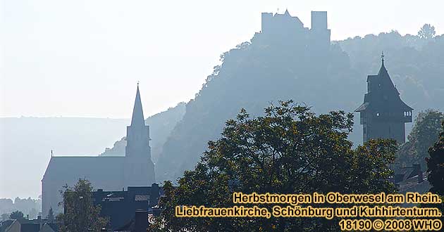 Herbstmorgen in Oberwesel am Rhein mit Liebfrauenkirche, Schnburg und Kuhhirtenturm.