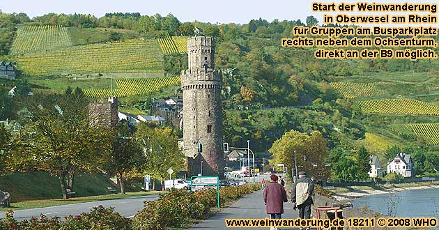 Start der Weinwanderung in Oberwesel am Rhein fr Gruppen auf Wunsch auch am Busparkplatz rechts neben dem Ochsenturm direkt an der B9 mglich.